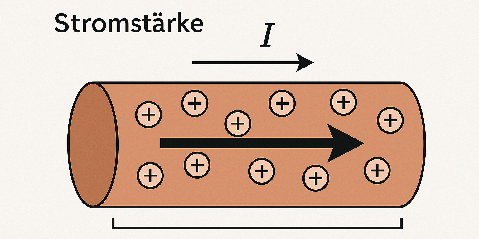 Diagramm: Konventionelle Stromrichtung I von Plus nach Minus und Elektronenfluss von Minus nach Plus
