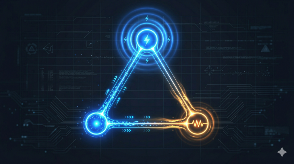 Minimalist technical blueprint illustration of a basic DC circuit, glowing copper wire paths on dark navy background, clean vector style, subtle electric glow, no text, wide format